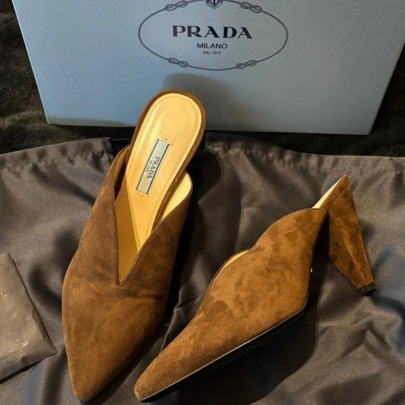 Prada Women's Dark Brown Suede Mules - Picture 3 of 7